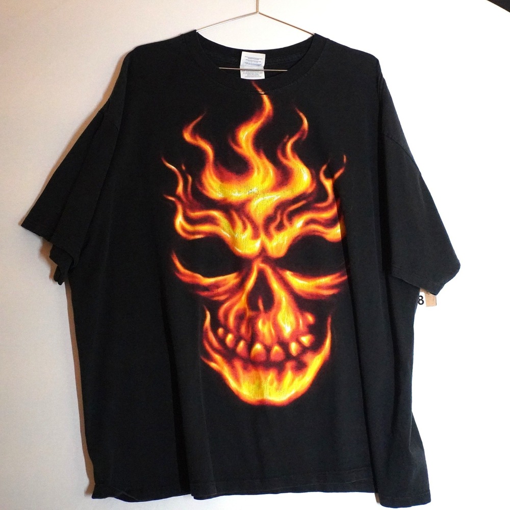 Optima Heavy Mens Black Flaming Skull Graphic T-Shirt Short Sleeve Crewneck 2XL‎